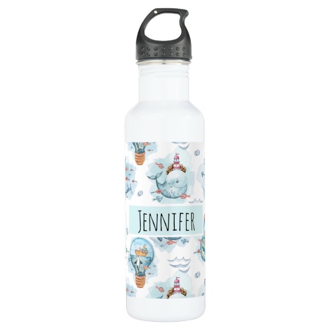 Bouteille D'eau Motif d'aquarelle de la belle baleine nautique (Devant)