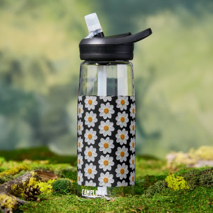 Bouteille D'eau Motif de fleurs Dahlia blanches sur noir