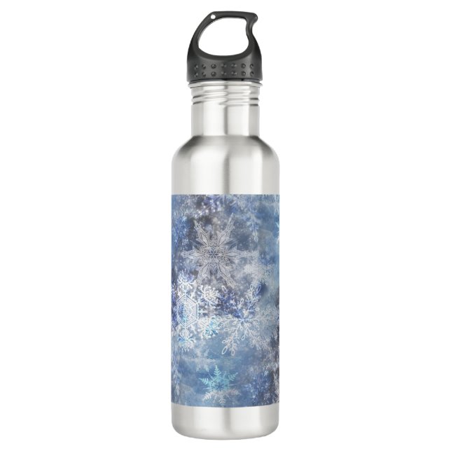 Bouteille D'eau Motif de Noël bleu texturé de glace et de neige (Devant)