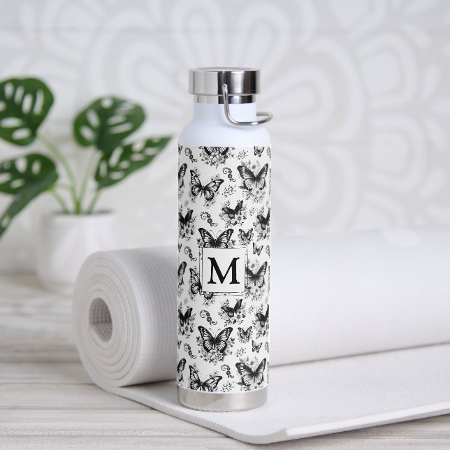 Bouteille D'eau Motif de papillon noir blanc (Yoga)
