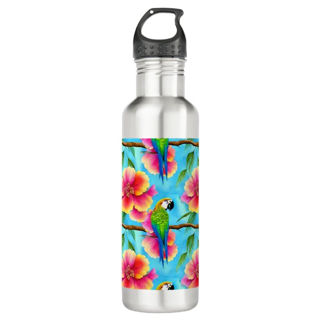 Bouteille D'eau Motif de perroquet et de fleurs tropicales (Devant)