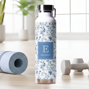 Bouteille D'eau Motif élégant de toile bleue française avec monogr