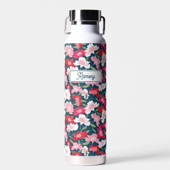 Bouteille D'eau Motif floral rose mou, Nom personnalisé Monogramme (Avant)