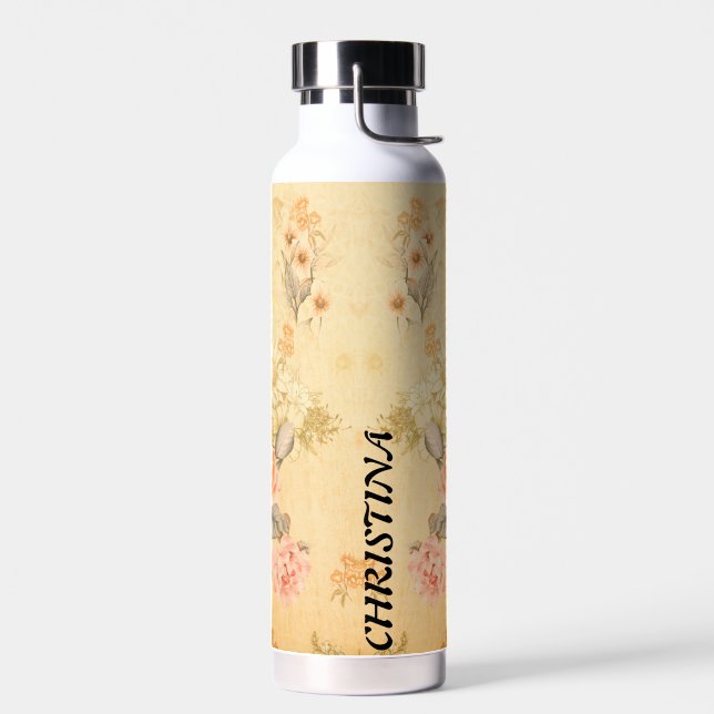 Bouteille D'eau Motif floral tendance rétro avec bloc de nom (Gauche)