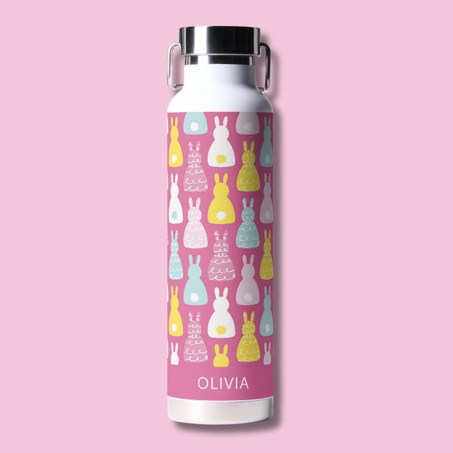 Bouteille d'eau motif rose lapin (Kids water bottle with pink bunny rabbit pattern. Add your own name or choice of text.)