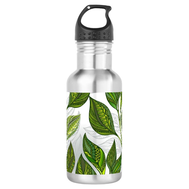 Bouteille D'eau Motif sans couture avec Feuilles de thé vert (Devant)