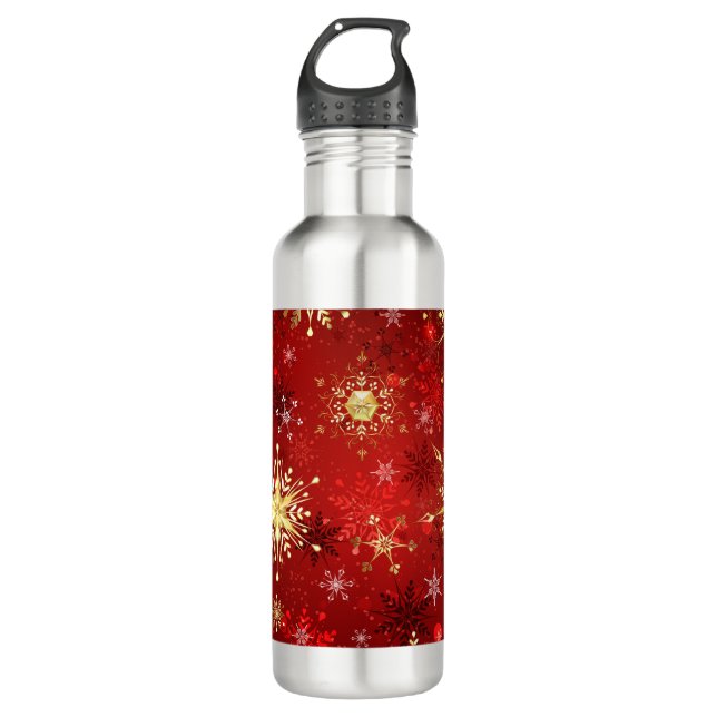 Bouteille D'eau Noël Golden Snowflakes sur Arrière - plan rouge (Devant)