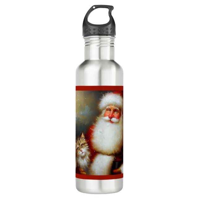 Bouteille D'eau Noël Père Noël et un chat 2 (Devant)