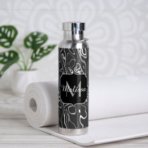 Bouteille D'eau Noir blanc gris damas tourbillons abstraits Monogr