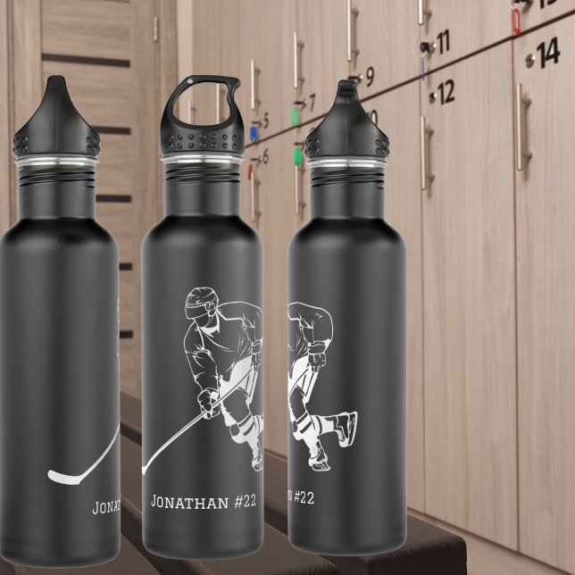 Bouteille D'eau Noir et blanc envelopper autour du Monogramme du j (Also available with hockey goalie design. )