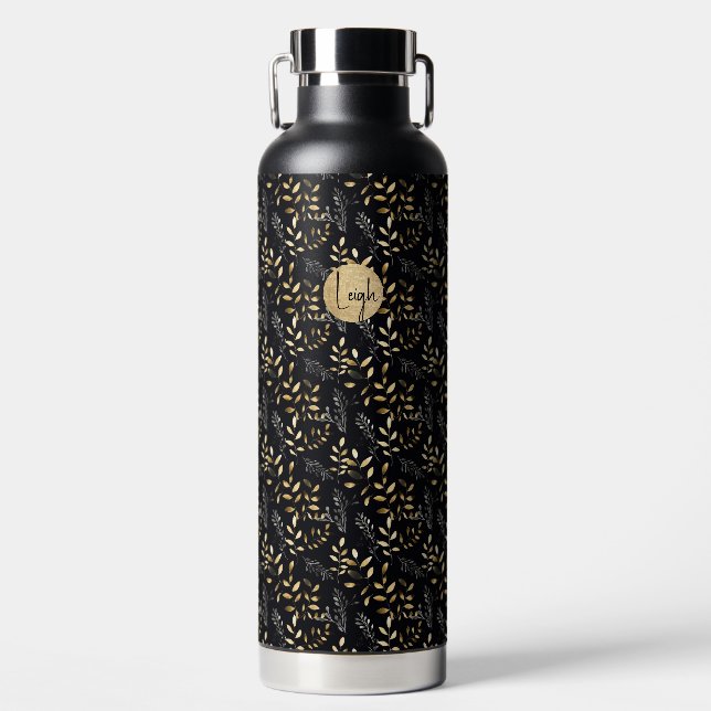 Bouteille D'eau Noir et Tan Feuilles Pas de plastique (Avant)