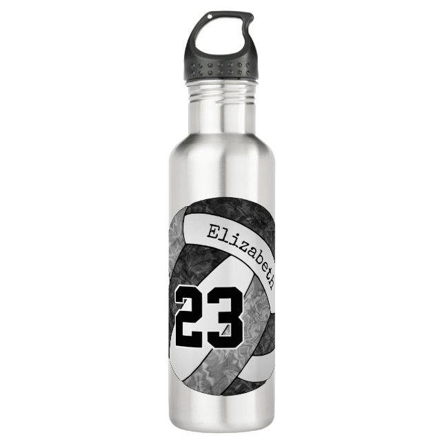 Bouteille D'eau Noir gris filles volleyball nom personnalisé (Devant)