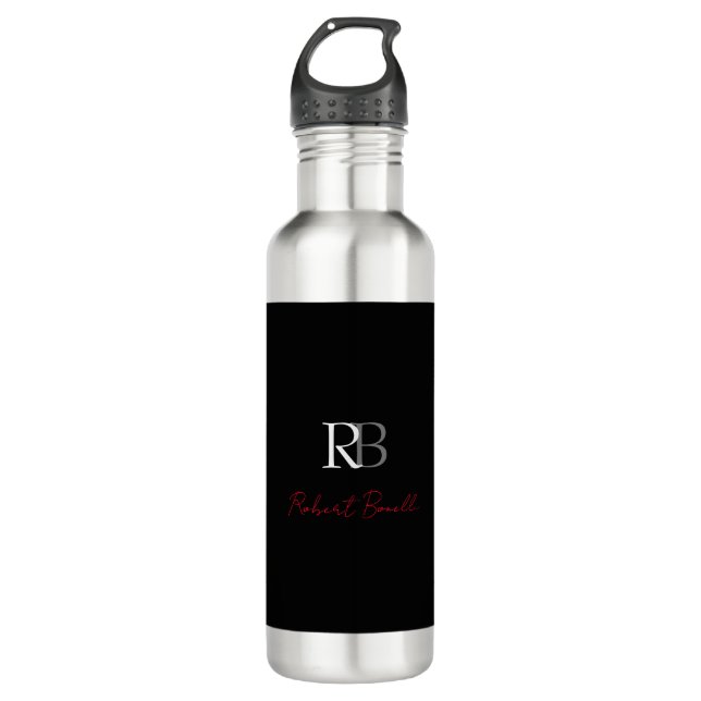 Bouteille D'eau Noir moderne Noir Monogramme Initiales Nom (Devant)