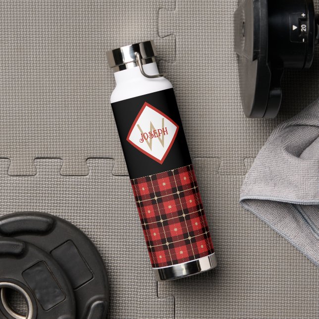 Bouteille D'eau Noir Rouge et Tan Lumberjack Plaid Monogramme (Couvercle)
