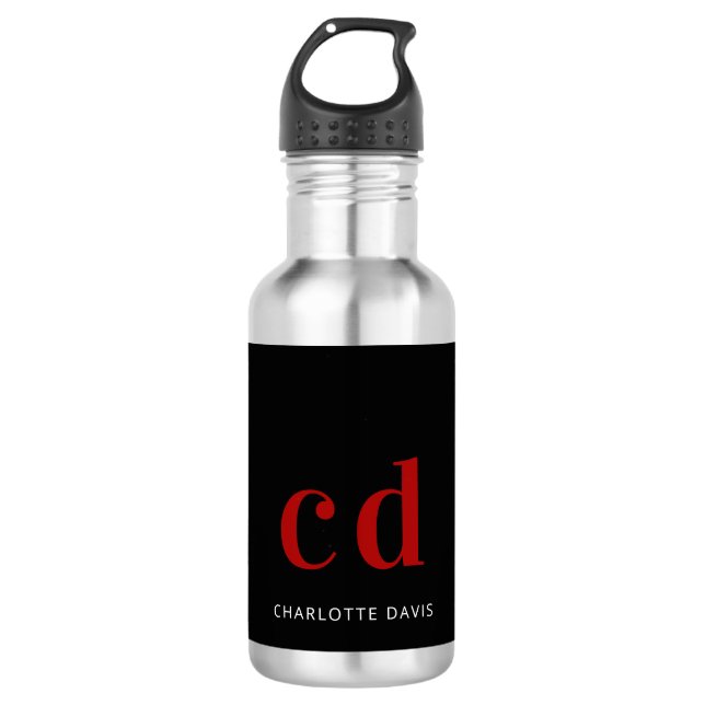 Bouteille D'eau Noir rouge monogramme nom moderne minimaliste (Devant)