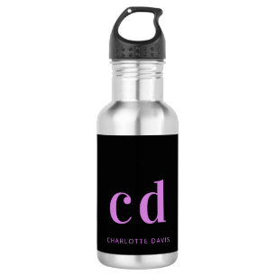 Bouteille D'eau Noir violet nom monogramme moderne