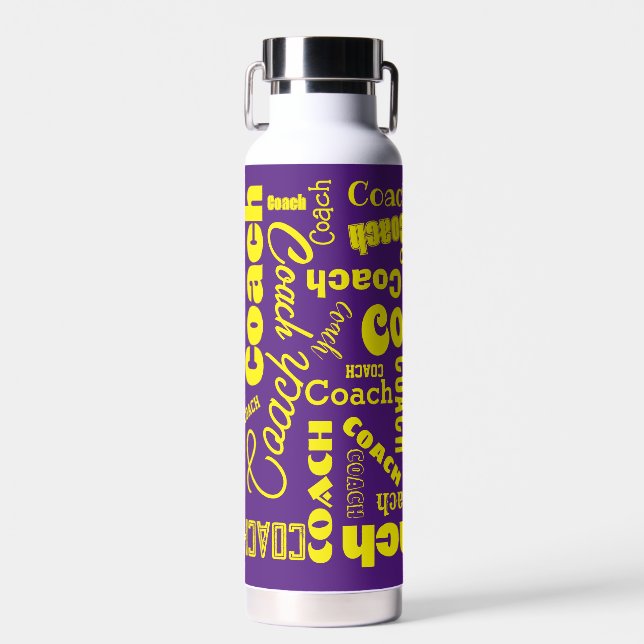 Bouteille D'eau Nom cadeau de l'entraîneur personnalisé violet et  (Avant)