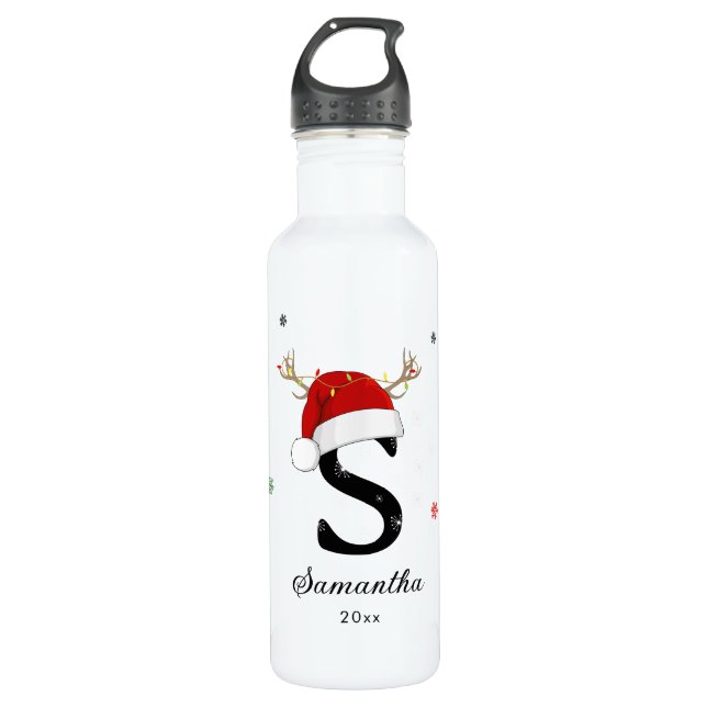 Bouteille D'eau Nom de la lettre Santa Hat | Monogramme | Initiale (Devant)