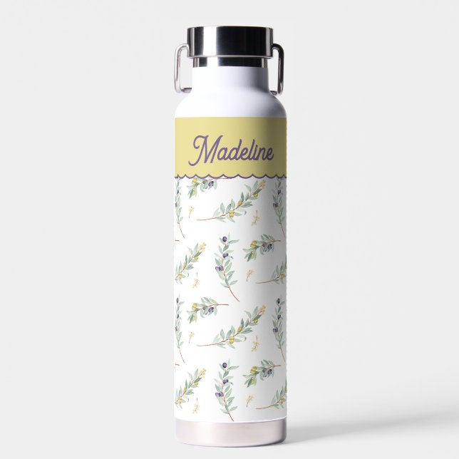 Bouteille D'eau Nom de monogramme de branche d'olive vert sauge (Avant)