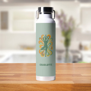 Bouteille D'eau Nom de posture de yoga rétro tourbillons vert saug