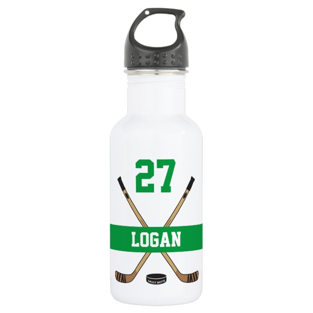 Bouteille D'eau Nom du joueur de hockey personnalisé Numéro vert (Devant)