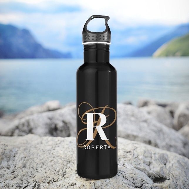 Bouteille D'eau Nom du monogramme de script Black Gold moderne (Créateur téléchargé)