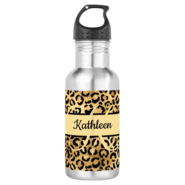 Bouteille D'eau Nom du monogramme Léopard d'or noir Cheetah Imprim (Devant)