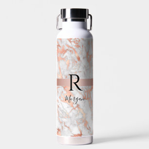 Bouteille D'eau Nom du script/Monogramme noir, marbre blanc et Ros
