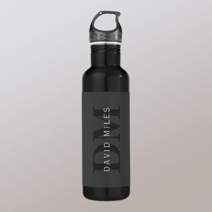 Bouteille D'eau Nom et monogramme modernes   Gris et noir