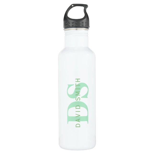Bouteille D'eau Nom et monogramme modernes | Vert et blanc (Devant)