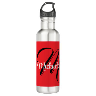 Bouteille D'eau Nom initial minimaliste moderne monogramme rouge