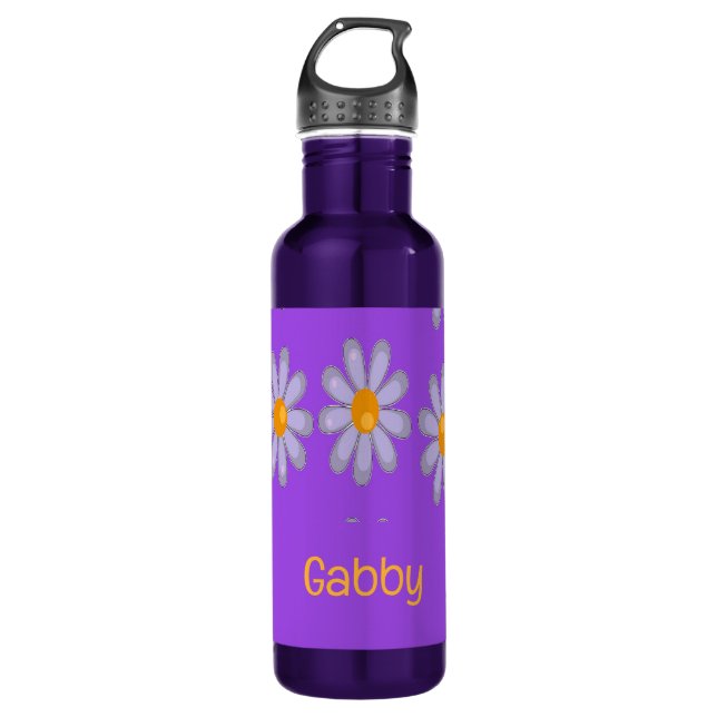 Bouteille D'eau Nom personnalisé fleurs bleues sur violet (Devant)