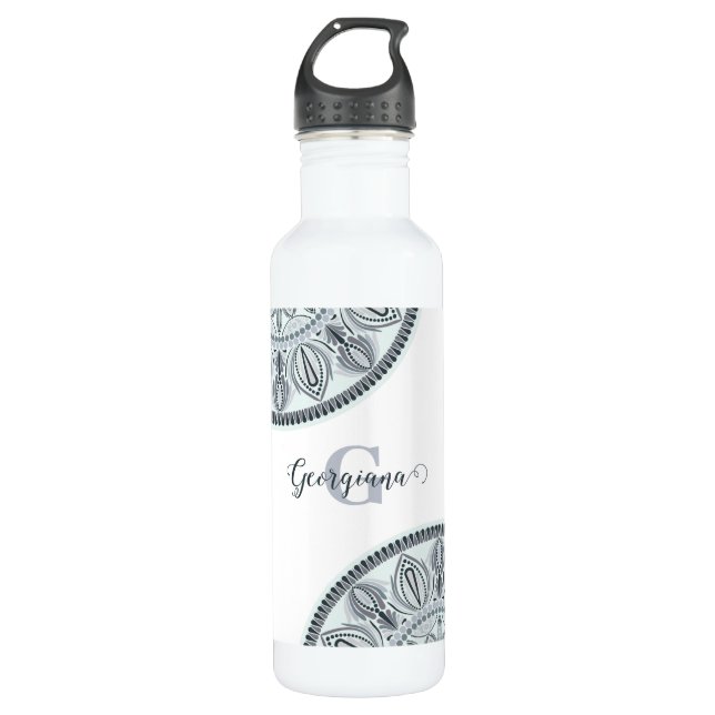 Bouteille D'eau Nom personnalisé Harmonie Florale Gris Monotone Ma (Devant)