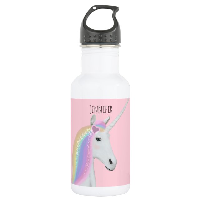 Bouteille D'eau Nom personnalisé par rose mignon de licorne (Devant)