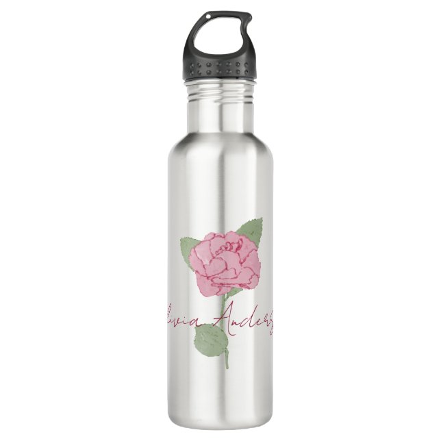 Bouteille D'eau Nom personnalisé Rose couleur d'aquarelle minimale (Devant)