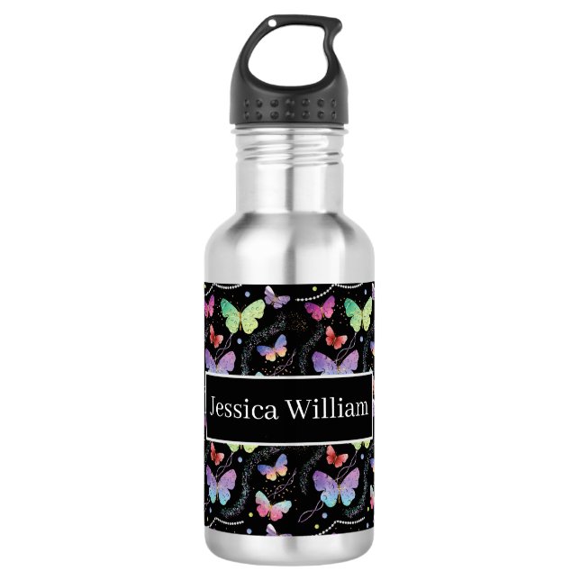 Bouteille D'eau Nom personnel Élégant Papillons violets brillants (Devant)