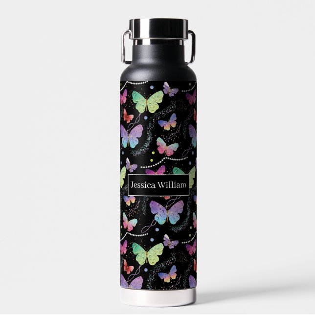 Bouteille D'eau Nom personnel Élégant Papillons violets brillants (Avant)