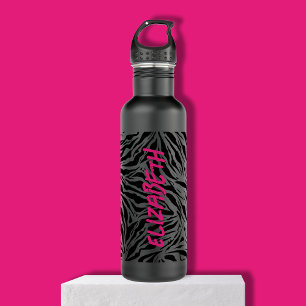 Bouteille D'eau Nom rose chaud chic sur Zebra Print