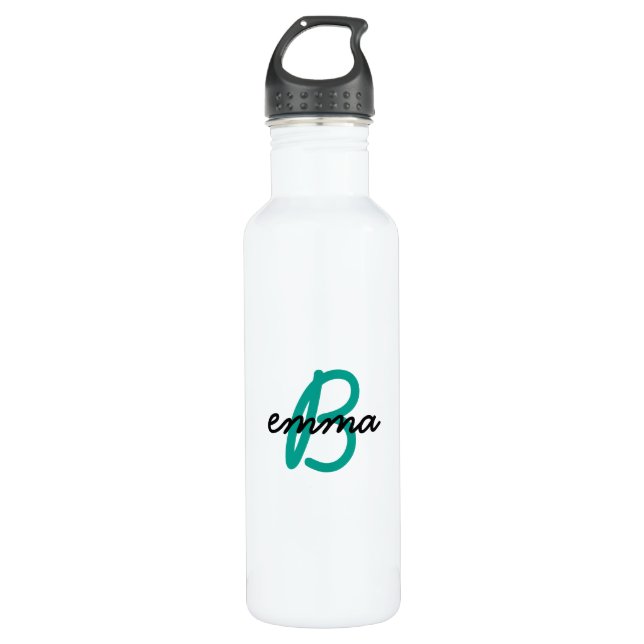 Bouteille D'eau Nom turquoise | Moderne Cyan tendance Initial Gree (Devant)
