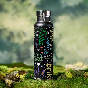 Bouteille D'eau Noms colorés Coeurs mignons et étoiles sur le noir
