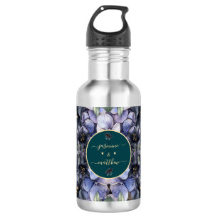 Bouteille D'eau Noms de Couple Floral Noir Classique Mariage