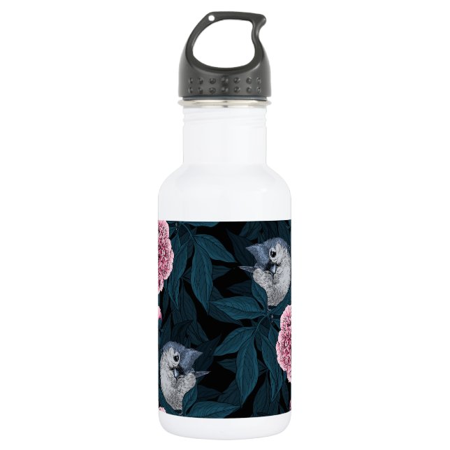 Bouteille D'eau Oiseaux et fleurs de pivoines roses avec feuille (Devant)