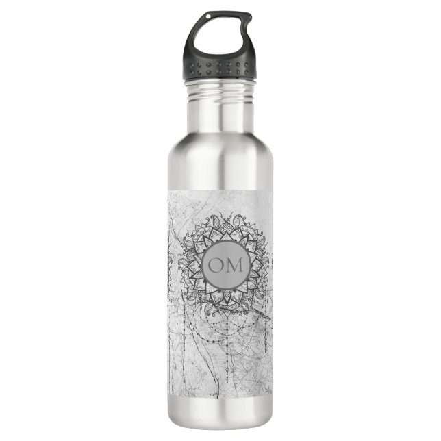 Bouteille D'eau OM Mandala sur le marbre d'argent (Devant)