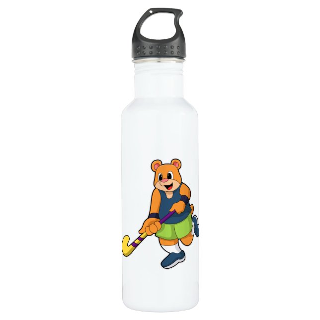 Bouteille D'eau Ours au hockey avec chauve-souris de hockey (Devant)