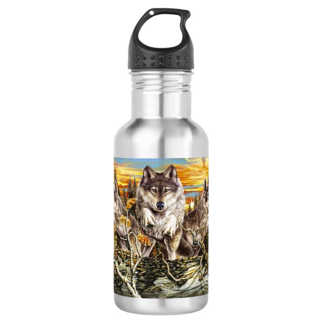 Bouteille D'eau Pack de loups sautant au-dessus d'un bûcher (Devant)