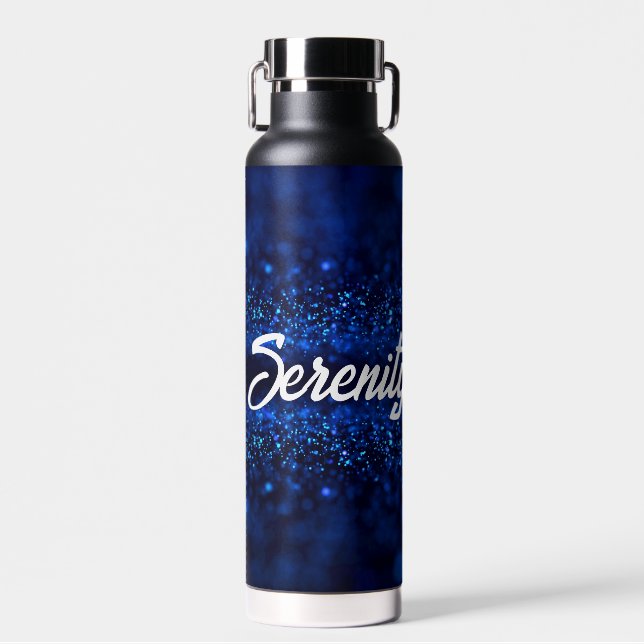 Bouteille D'eau Paillettes bleues personnalisées sur fond noir (Avant)