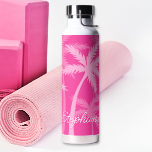 Bouteille D'eau Palmiers roses chauds branchés Magenta Cute Monogr