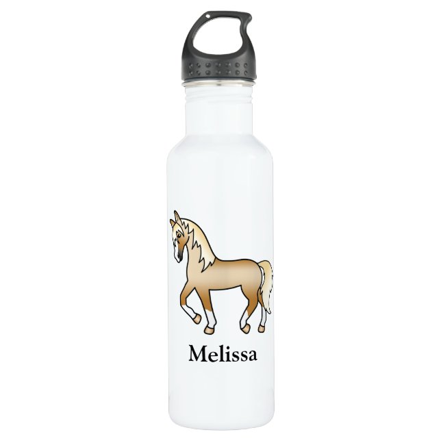 Bouteille D'eau Palomino Cartoon Trotting Horse & Nom personnalisé (Devant)