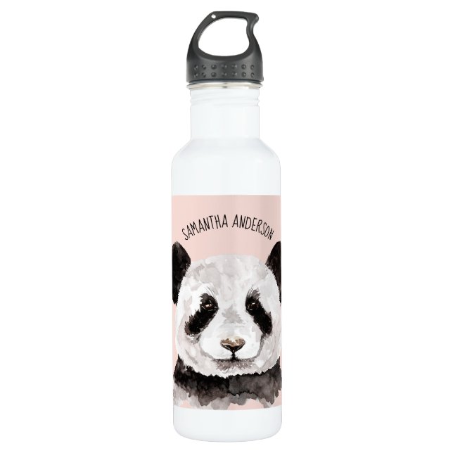 Bouteille D'eau Panda Aquarelle Moderne Avec Nom Et Pastel Rose (Devant)