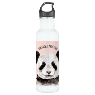 Bouteille D'eau Panda Aquarelle Moderne Avec Nom Et Rose Pastel